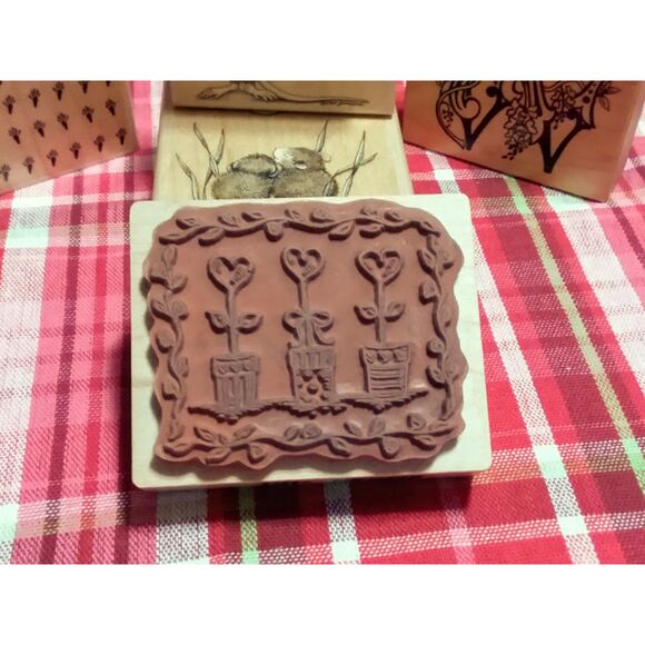 2002 PSX Wood Rubber Stamp G-3369 Hearts Flower Pots Floral Vines Vintage - Picture 3 of 4